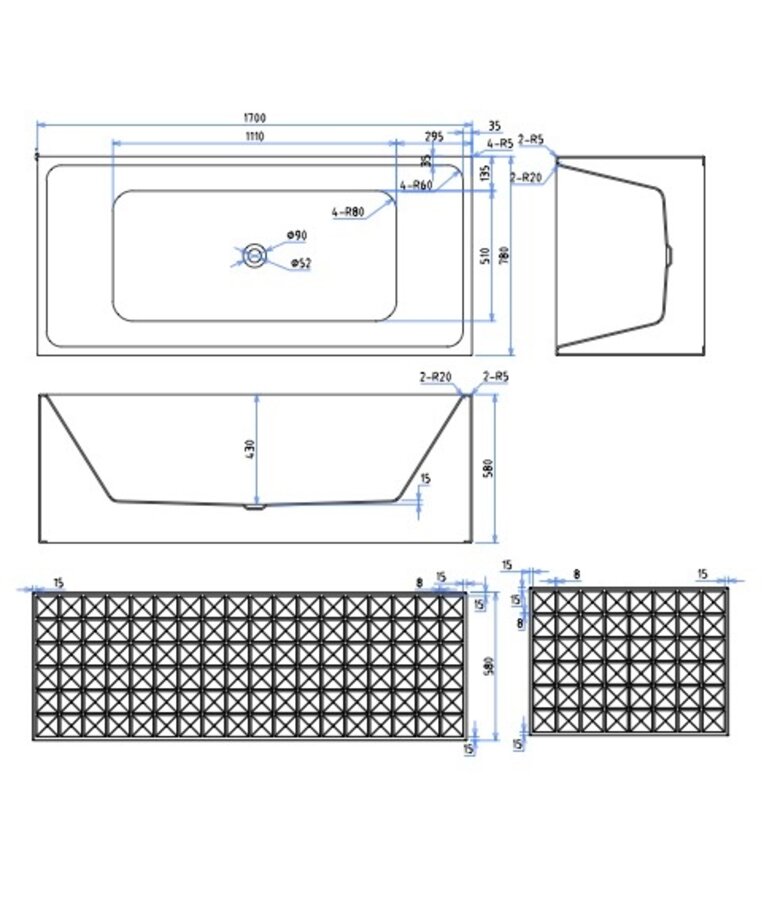 Vrijstaand ligbad Indus 170 x 78 x 58 cm - wit