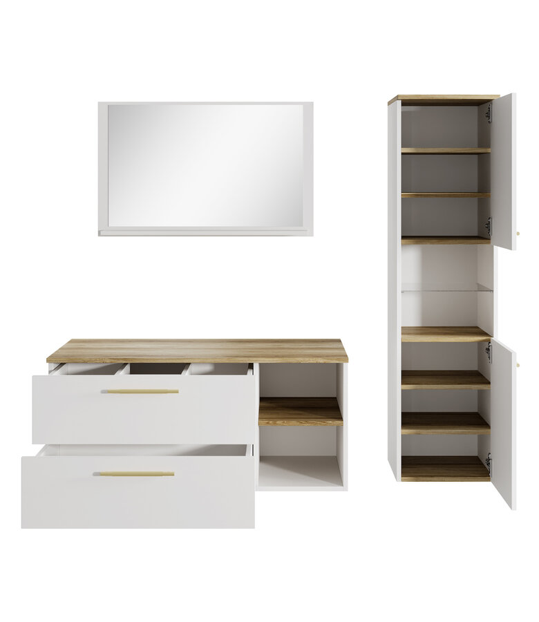 Badkamermeubel Bravos 100cm complete set met spiegel - wit met eiken