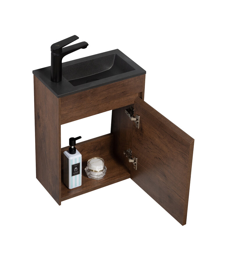 Toiletmeubel Sinta 40cm - walnoot bruin - zwarte  wastafel