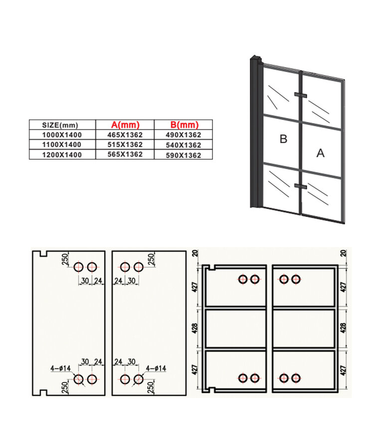 Badwand Berkan 120 x 140 cm - zwart met strepen - nano coating
