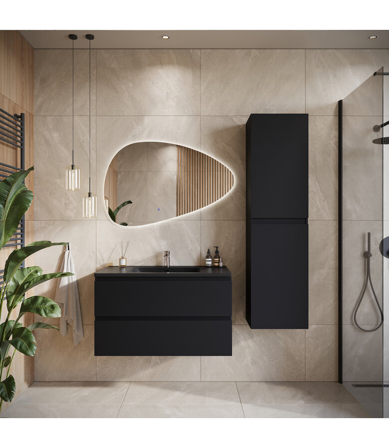 Badkamermeubel Angela 80cm - zwarte wastafel - mat zwart