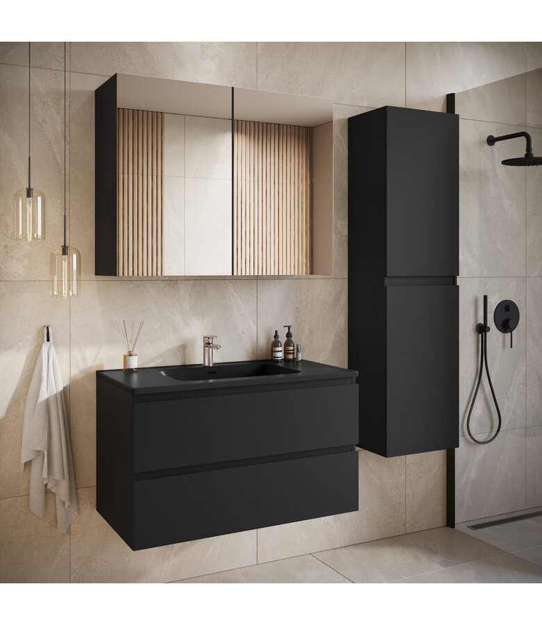 Badkamermeubel Angela 80cm - zwarte wastafel - mat zwart
