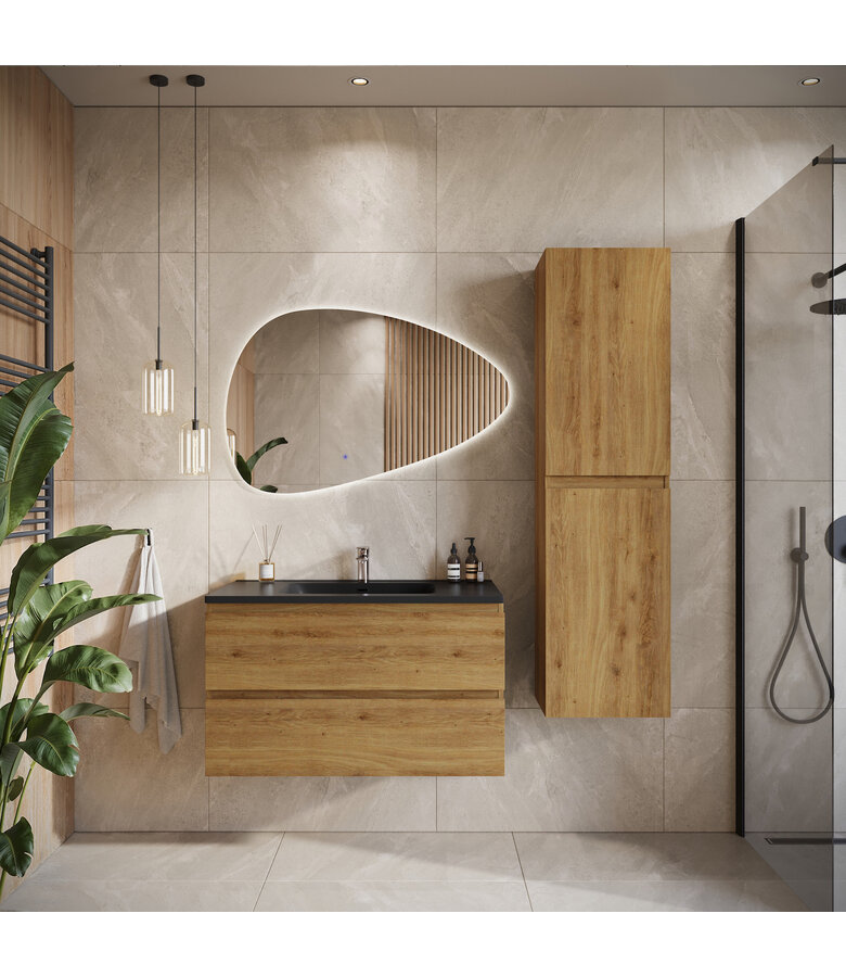 Badkamermeubel Angela 90cm - zwarte wastafel - eiken