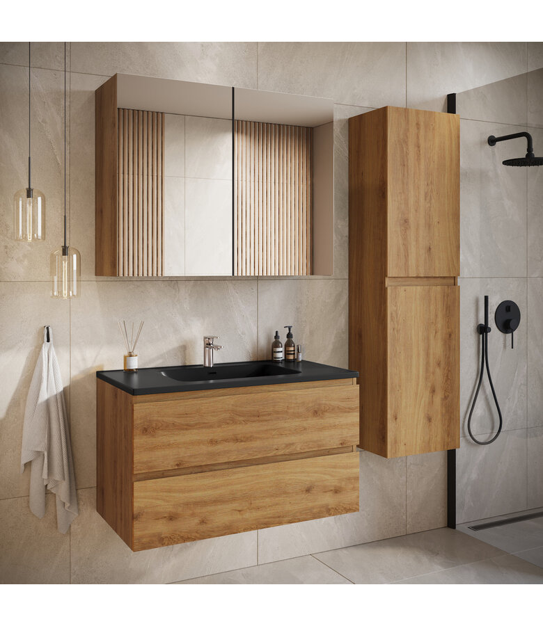 Badkamermeubel Angela 90cm - zwarte wastafel - eiken