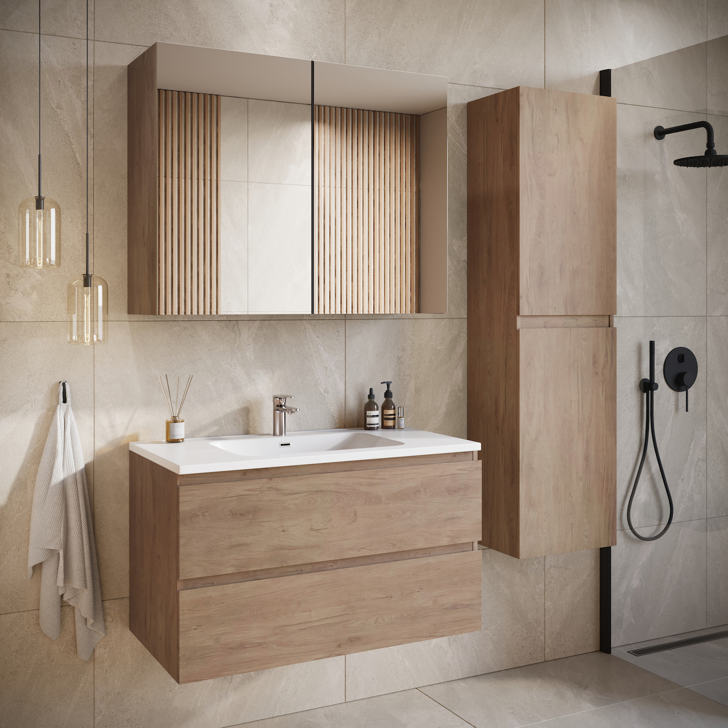 Modulo Badkamermeubel Met Wastafel | 120 Cm Donkerbruin Eiken Kader Front Quartz 2 Lades Onder Elkaar 127232