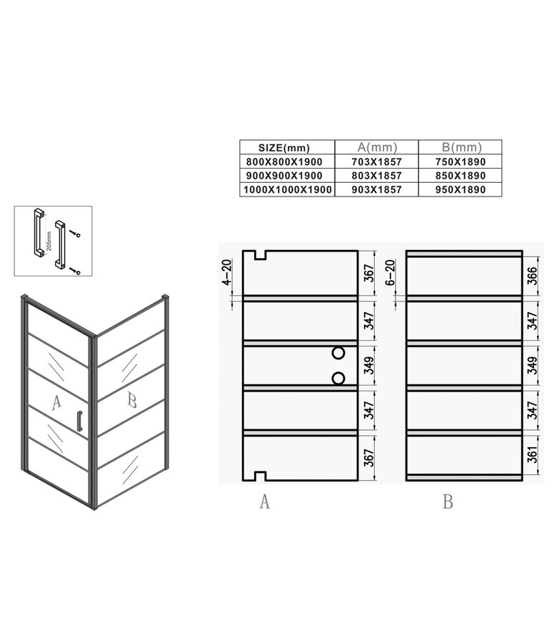 Douchecabine Alava 90 x 90 x 190 cm - zwart - met strepen - nano coating