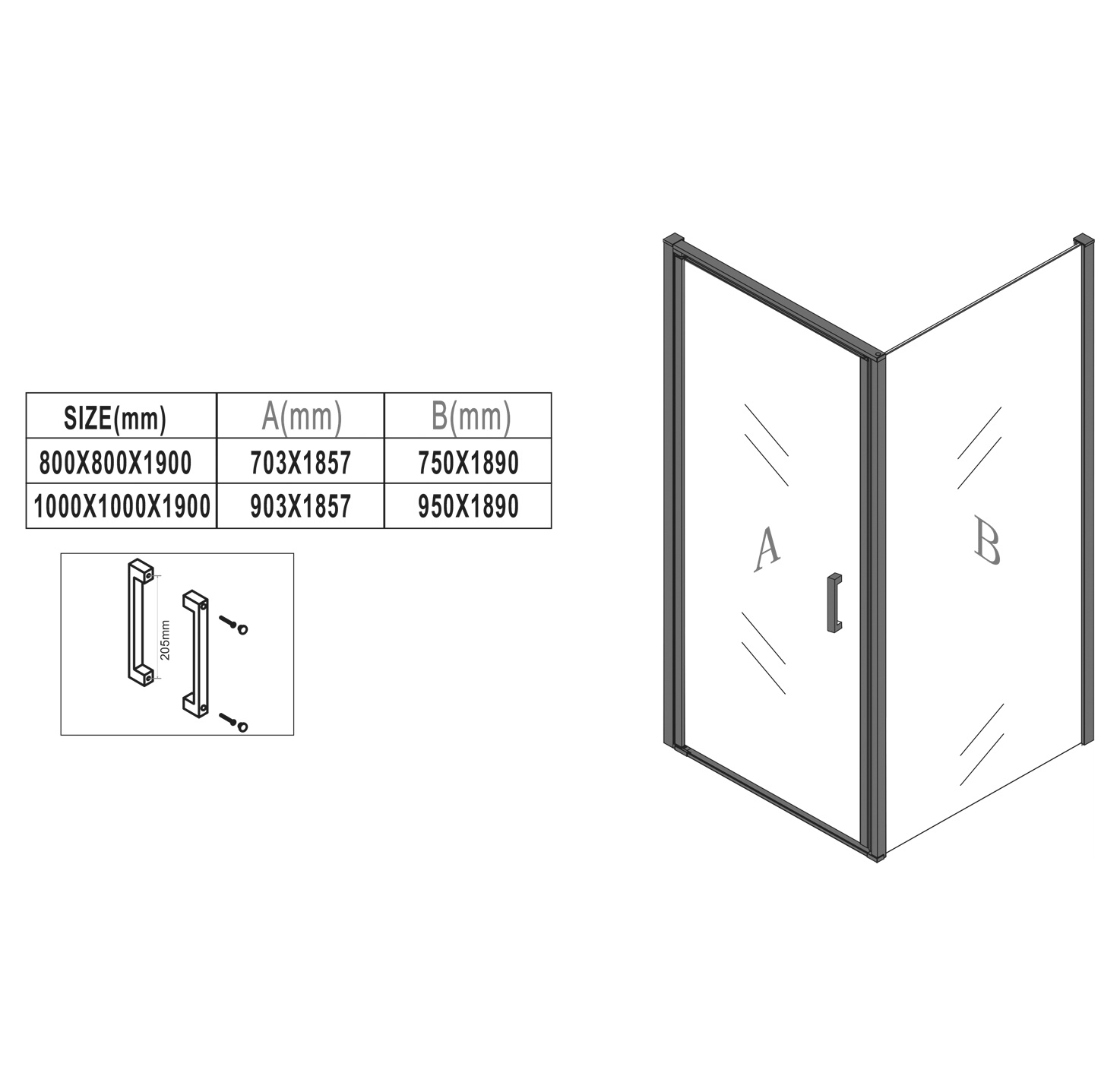 Douchecabine Dakota 6mm - 1000 x 1000 x 1900mm - rookglas - zwart