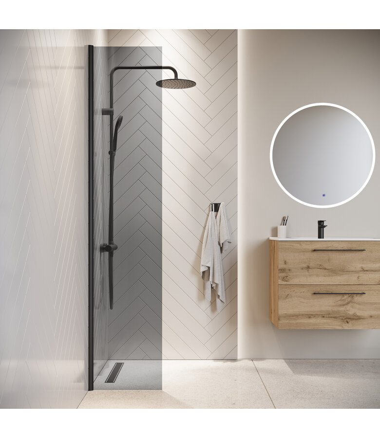 Douchewand Rizani 40 x 200 cm - rookglas - zwart - inloopdouche 8mm