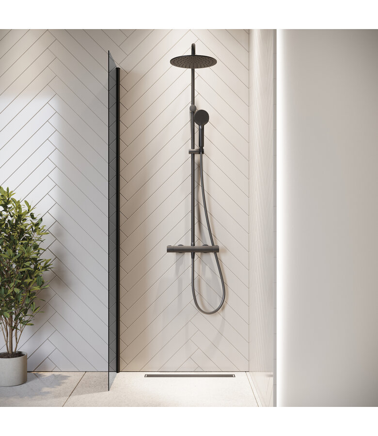 Douchewand Rizani 40 x 200 cm - rookglas - zwart - inloopdouche 8mm