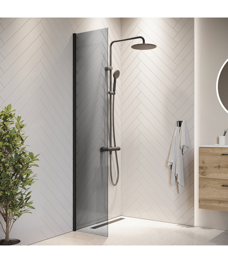 Douchewand Rizani 40 x 200 cm - rookglas - zwart - inloopdouche 8mm