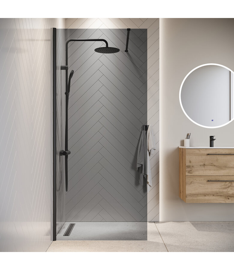 Douchewand Rizani 60 x 200 cm - rookglas - zwart - inloopdouche 8mm