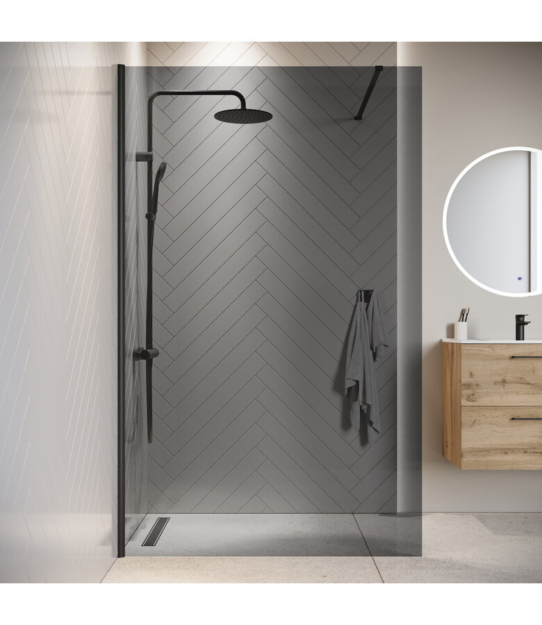 Douchewand Rizani 140 x 200 cm - rookglas - zwart - inloopdouche 8mm