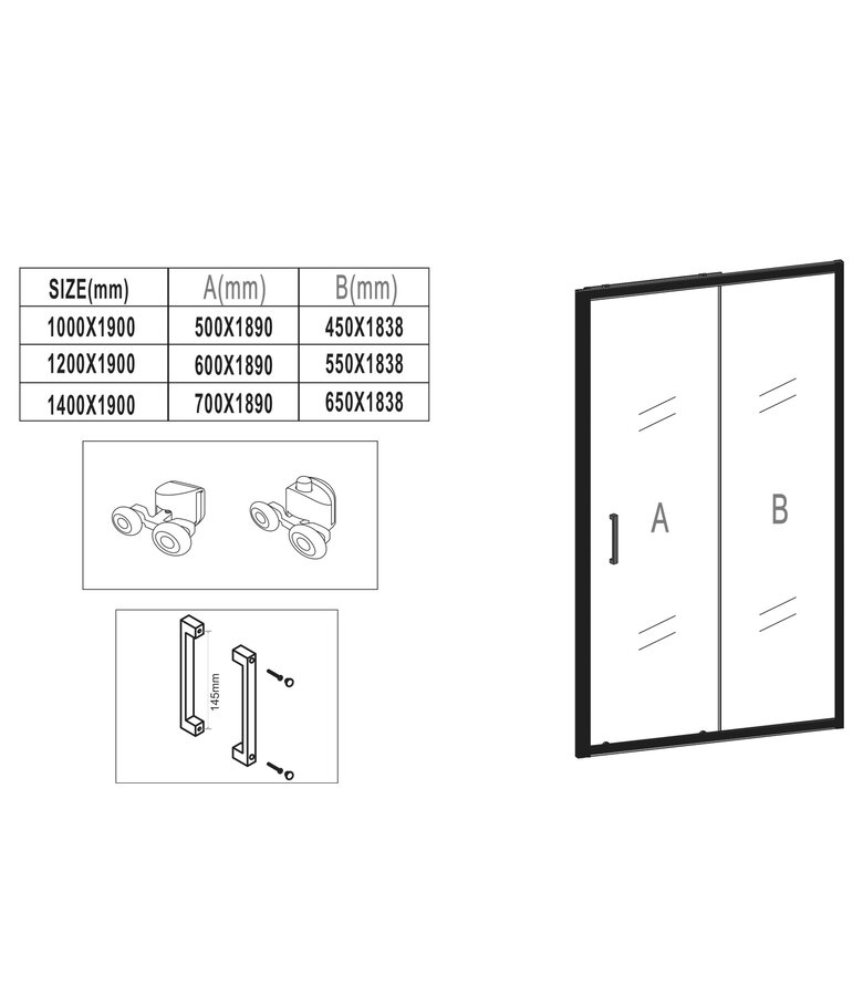 Douchewand Calgary 100 x 190 cm - zwart - rookglas - met nano coating