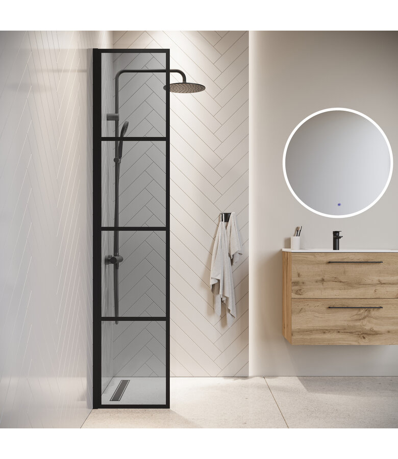 Douchewand Essos 40 x 200 cm - zwart - rookglas - inloopdouche 8mm