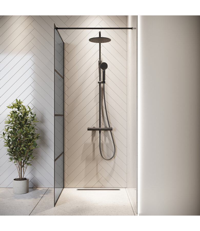 Douchewand Essos 60 x 200 cm - zwart - rookglas - inloopdouche 8mm