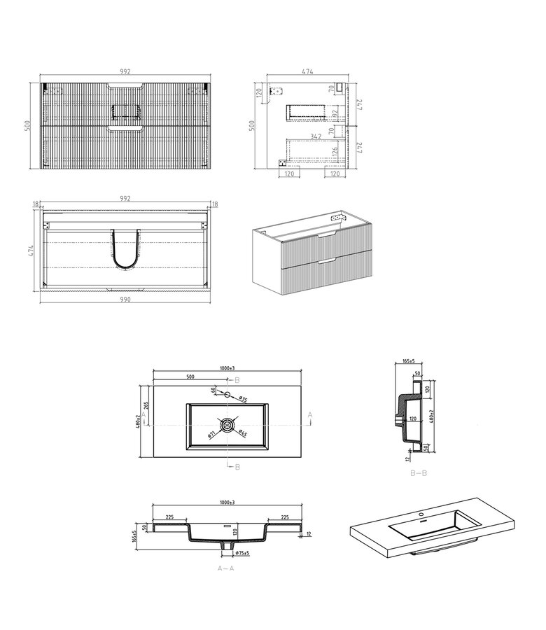 Badkamermeubel Thermis 100cm - mat zwart