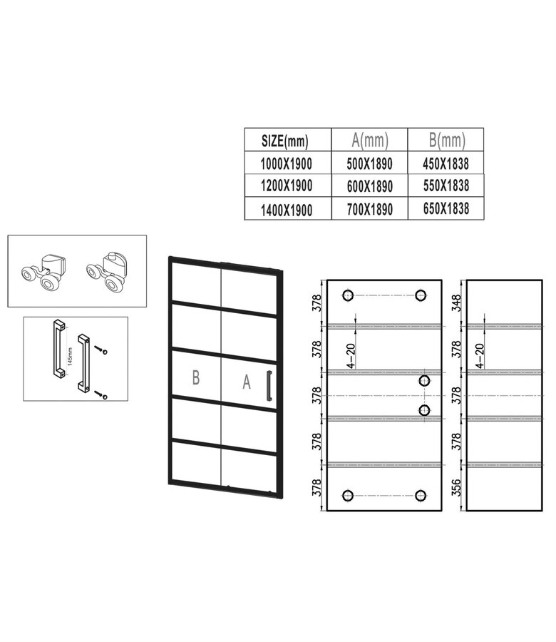 Douchewand Calgary 140 x 190 cm - zwart - met strepen - met nano coating