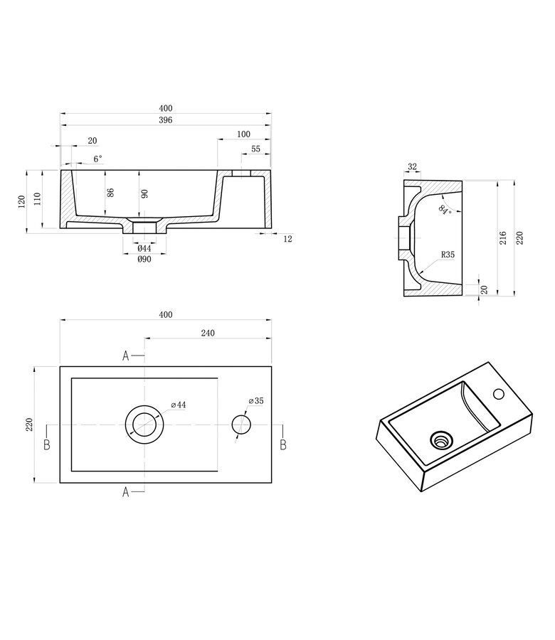 Toiletmeubel Angela 40cm - eiken met zwarte wastafel