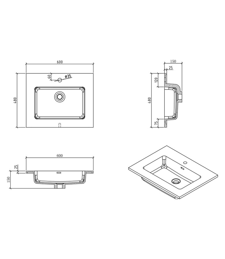 Badkamermeubel Angela 60cm - zwarte wastafel - mat zwart