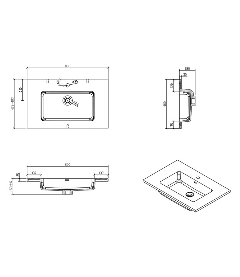 Badkamermeubel Angela 80cm - zwarte wastafel - mat zwart