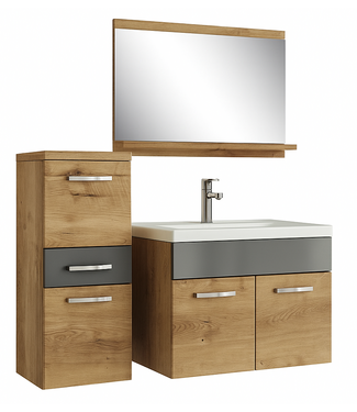 Badkamermeubel Alba 60cm complete set - kastanje eiken met hoogglans grijs
