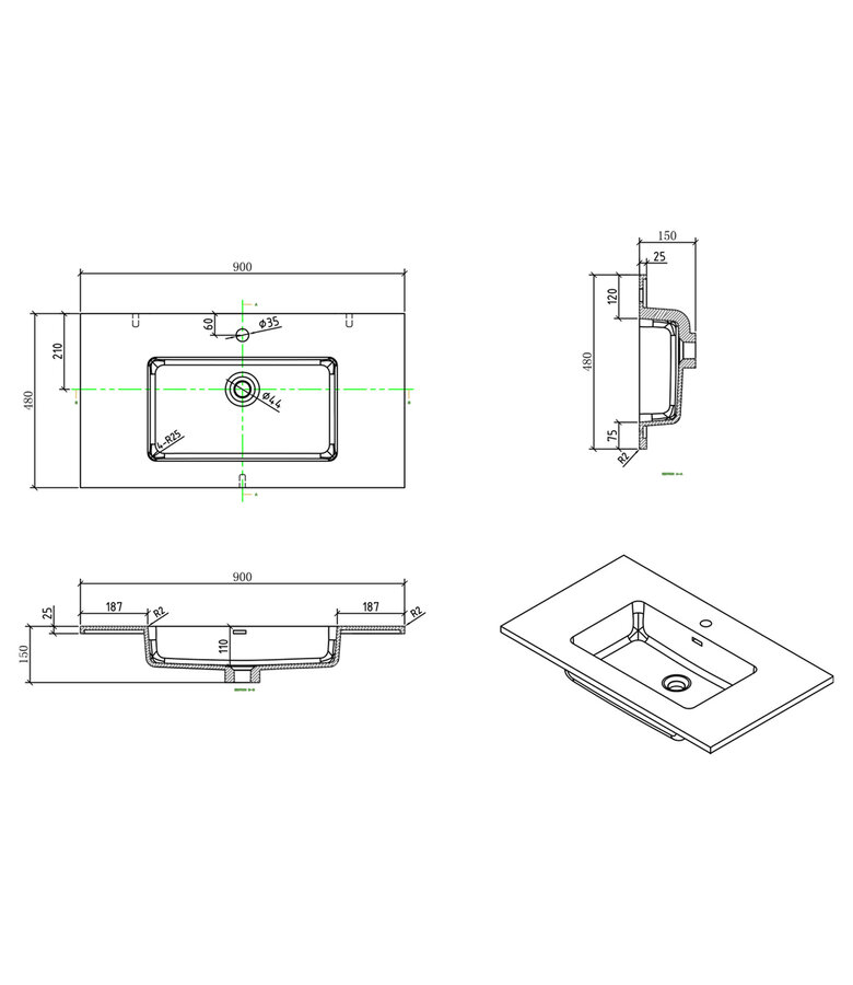 Wastafel Angela 90cm - wit