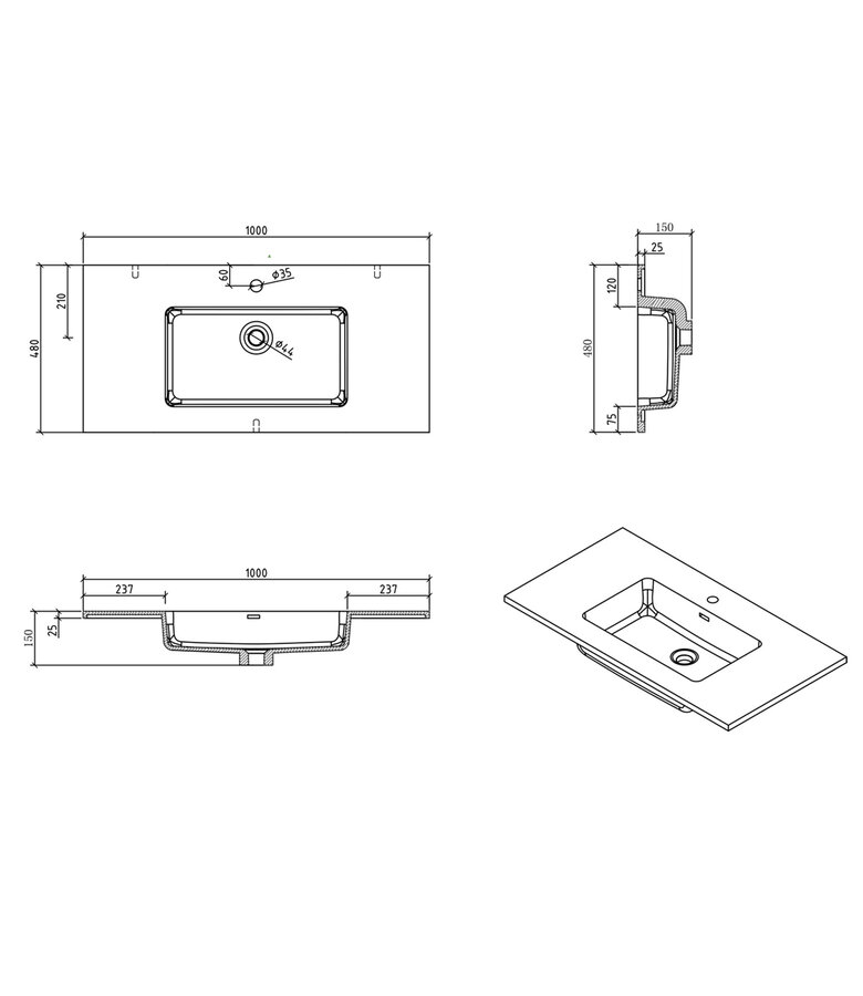 Wastafel Angela 100cm - wit