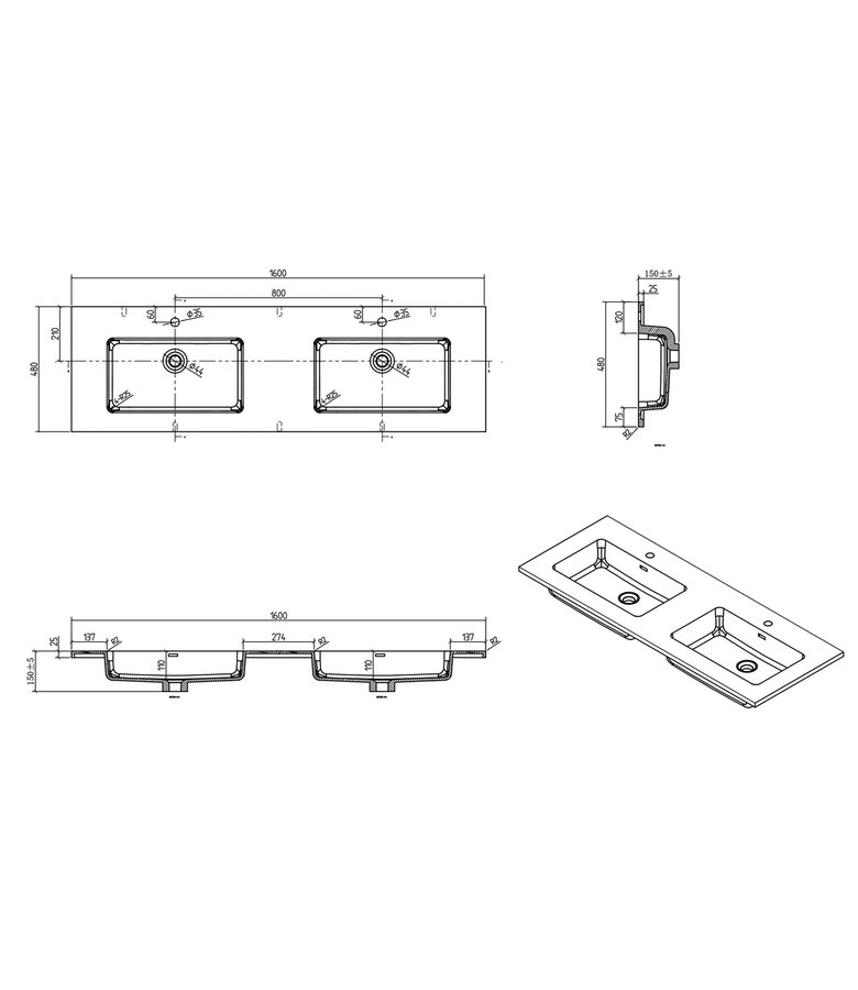 Wastafel Angela 160cm - zwart