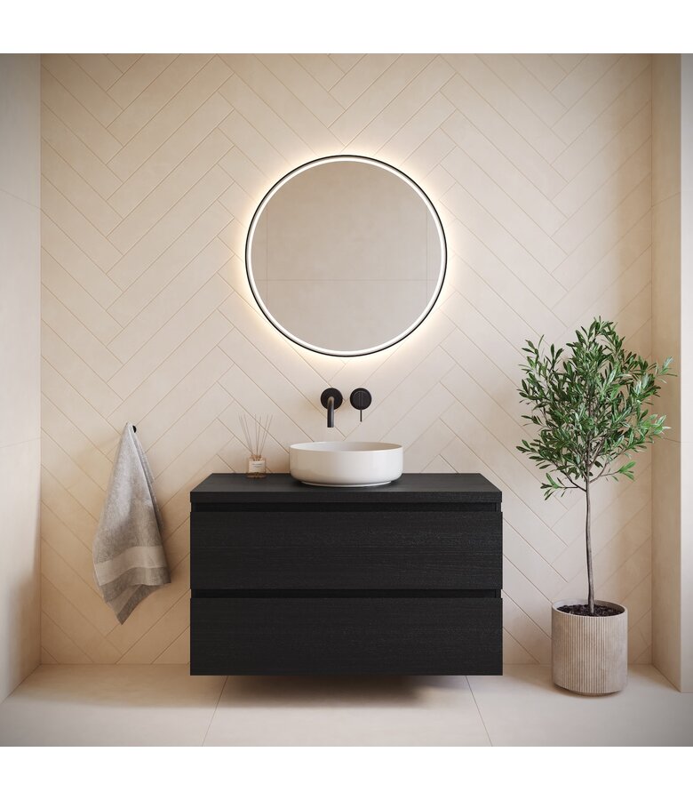 Wastafelkast Angela 90 x 48 x 54 cm - zwart houtnerf - met bovenblad