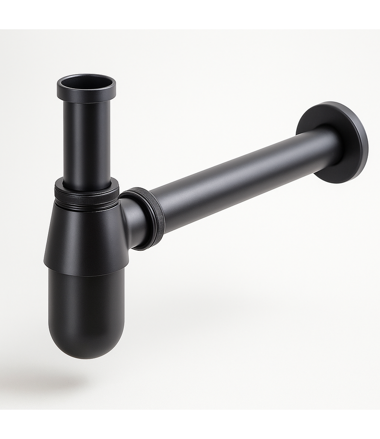 Mat zwart sifon met afvoerbuis en muurbuis - rond 08