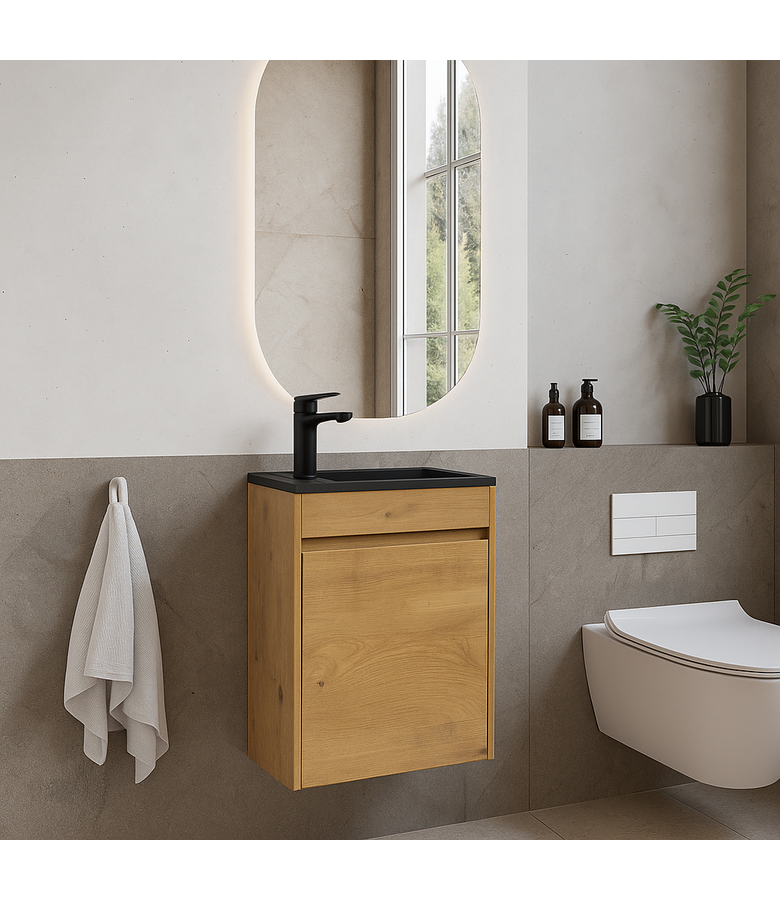 Toiletmeubel Sinta 40cm - eiken - zwarte wastafel