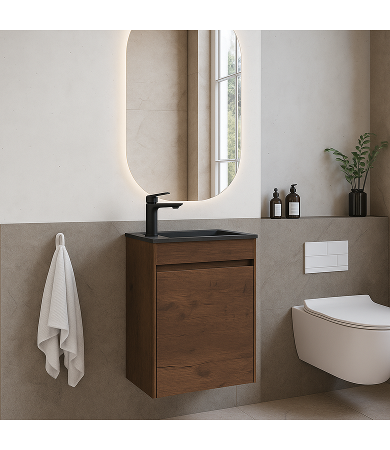 Toiletmeubel Sinta 40cm - walnoot bruin - zwarte  wastafel