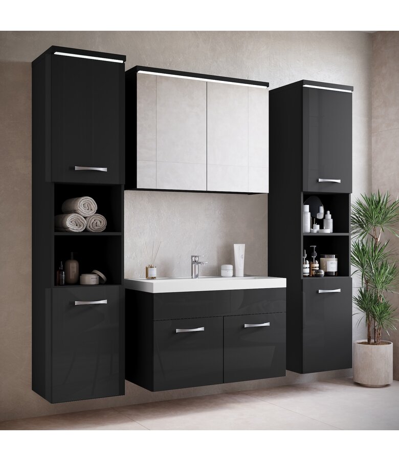 Badkamermeubel Paso XL LED 80cm met spiegelkast - hoogglans zwart