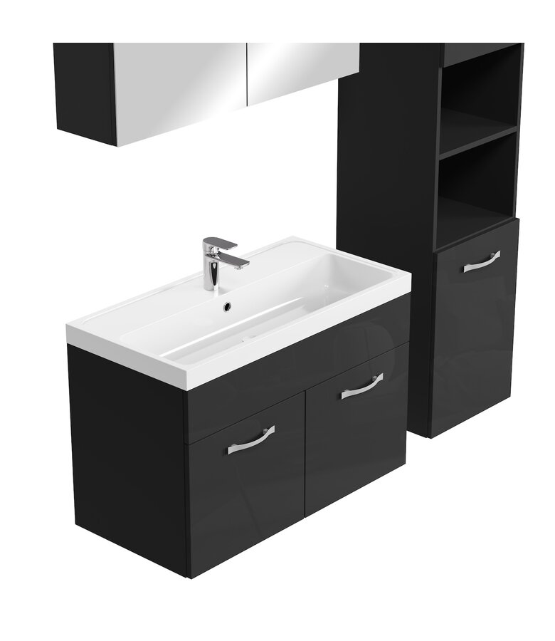 Badkamermeubel Paso LED 80cm met spiegelkast - hoogglans zwart