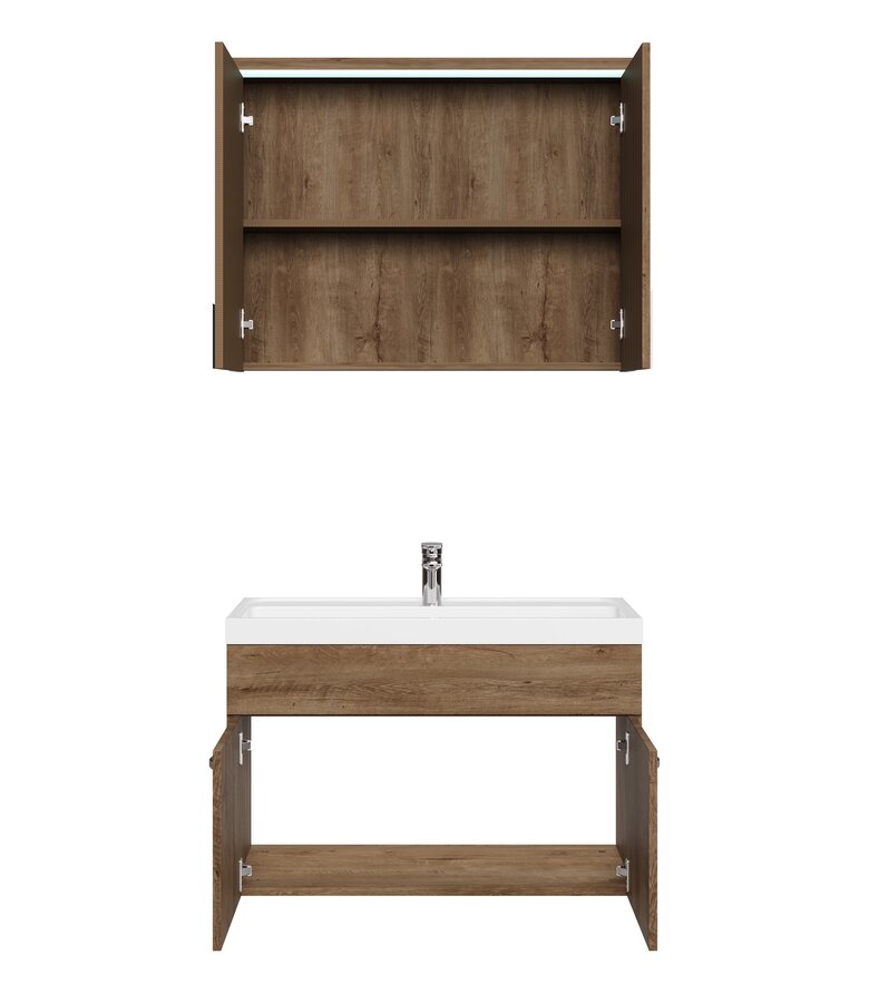 Badkamermeubel Paso 02 80cm met spiegelkast - bruin eiken