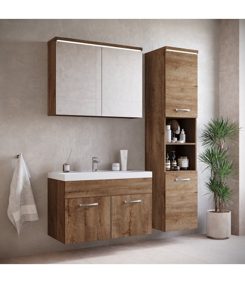 Badkamermeubel Paso 02 80cm met spiegelkast - bruin eiken