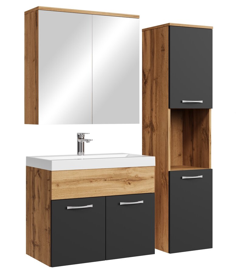 Badkamermeubel Montreal 60cm complete set met spiegelkast - eiken met mat zwart