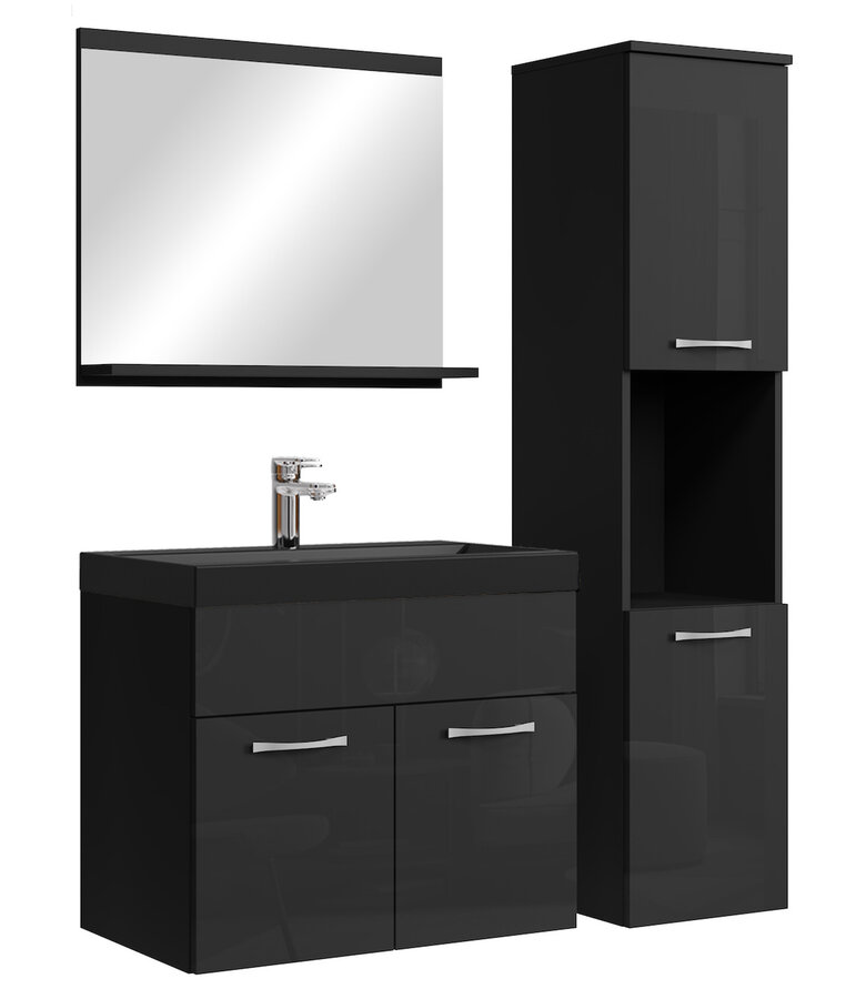 Badkamermeubel Montreal 60cm complete set - hoogglans zwart - zwarte wastafel