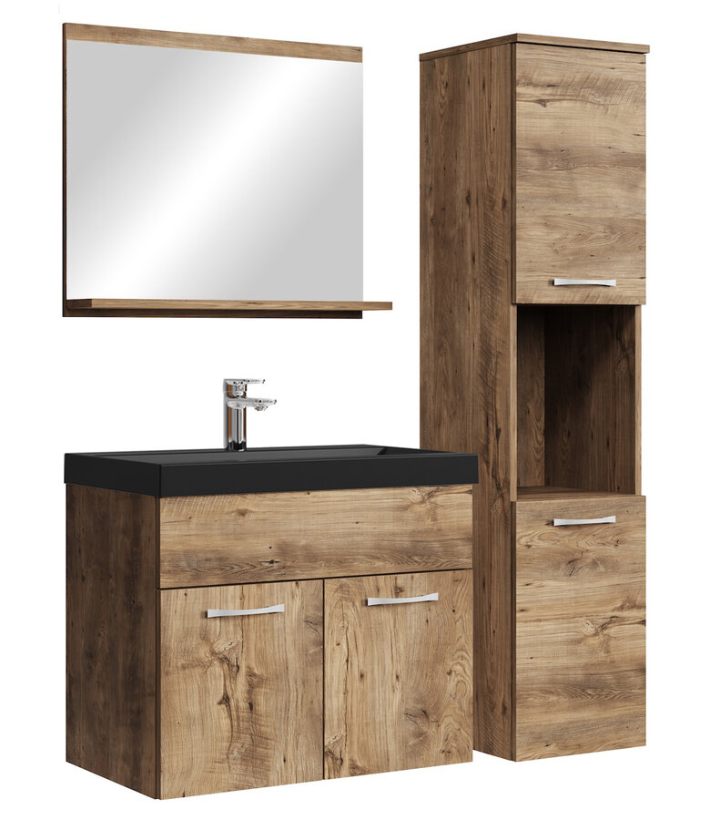 Badkamermeubel Montreal 60cm complete set - bruin eiken - zwarte wastafel