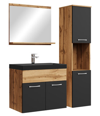 Badkamermeubel Montreal 60cm complete set - eiken met zwart - zwarte wastafel