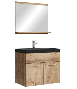 Badkamermeubel Montreal 02 60cm met spiegel - kastanje eiken - zwarte wastafel