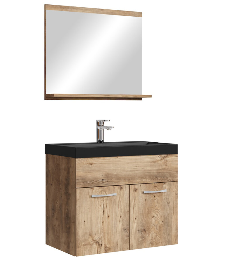 Badkamermeubel Montreal 02 60cm met spiegel - kastanje eiken - zwarte wastafel
