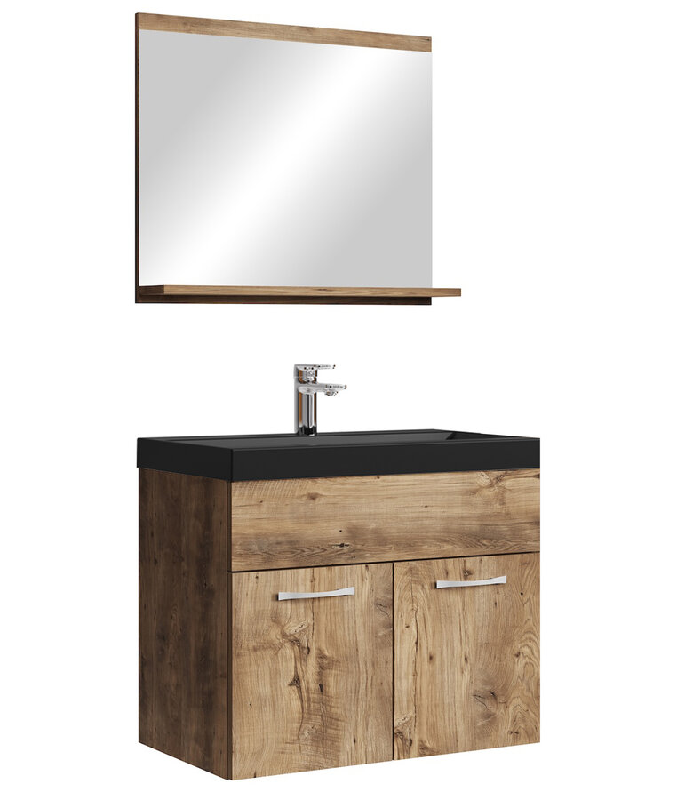 Badkamermeubel Montreal 02 60cm met spiegel - bruin eiken - zwarte wastafel