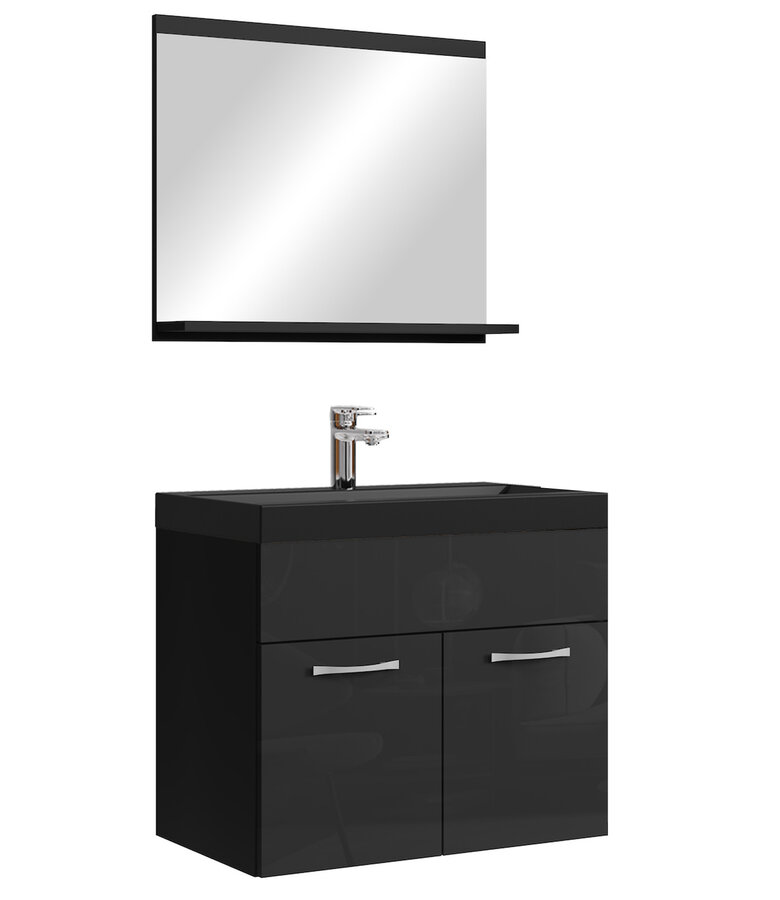Badkamermeubel Montreal 02 60cm met spiegel - hoogglans zwart - zwarte wastafel