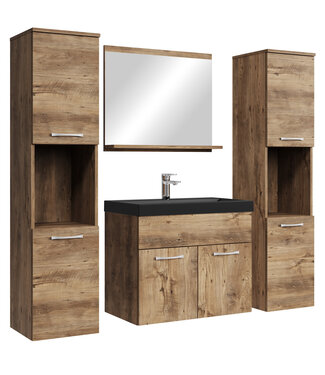 Badkamermeubel Montreal XL 60cm complete set - bruin eiken - zwarte wastafel
