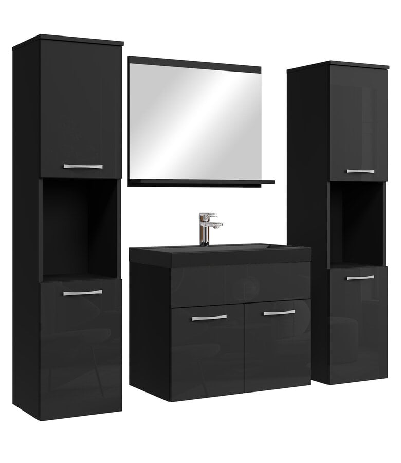 Badkamermeubel Montreal XL 60cm complete set - hoogglans zwart - zwarte wastafel