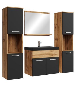 Badkamermeubel Montreal XL 60cm complete set - eiken met mat zwart - zwarte wastafel
