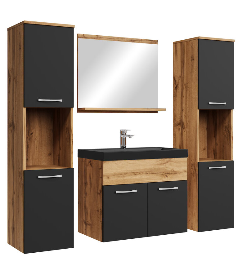 Badkamermeubel Montreal XL 60cm complete set - eiken met mat zwart - zwarte wastafel