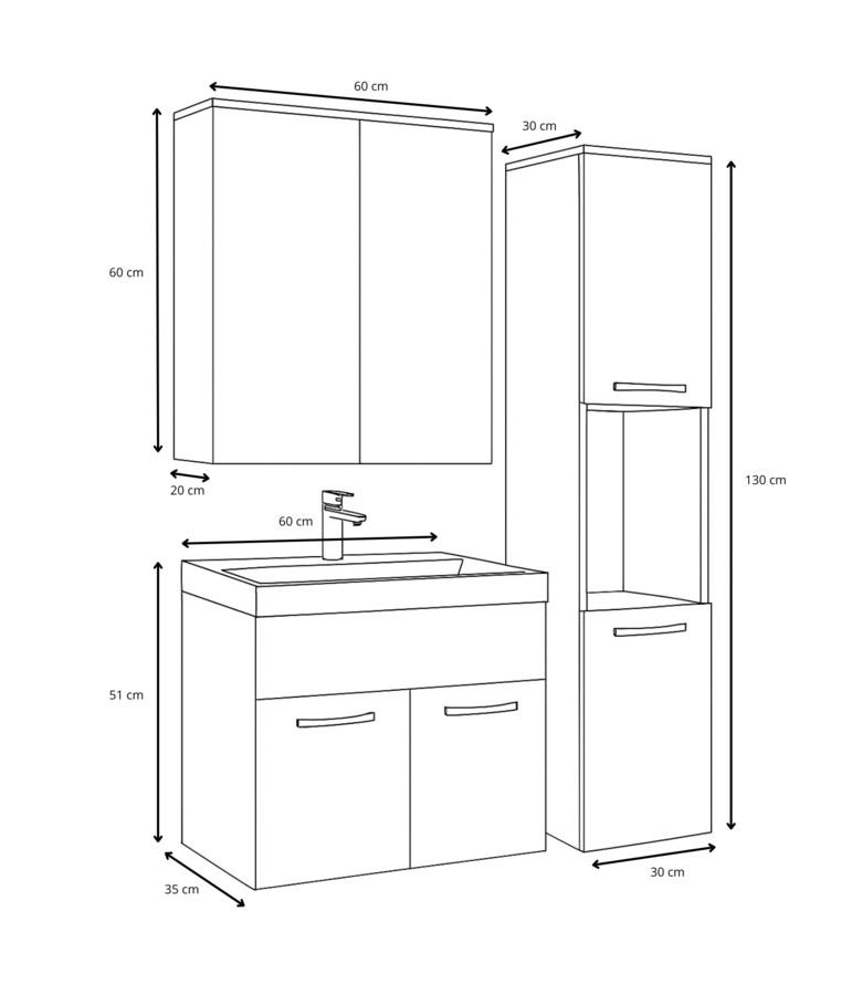 Badkamermeubel Montreal 60cm complete set met spiegelkast - hoogglans wit