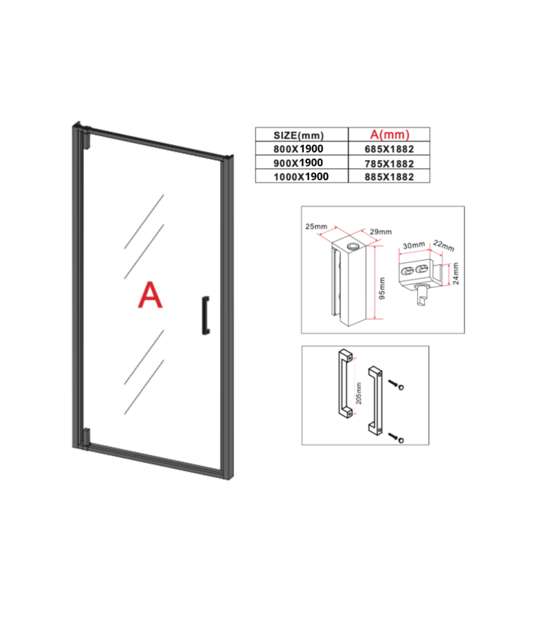 Douchewand Seattle 90 x 190 cm - zwart - douchedeur 6mm